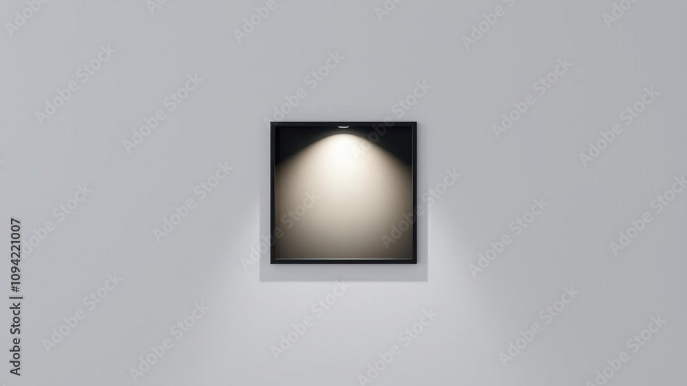 Small black square on a light gray background with a single small spotlight shining from within, graphic, abstract Small black square on a light gray background with a single small spotlight shining from within, graphic, abstract