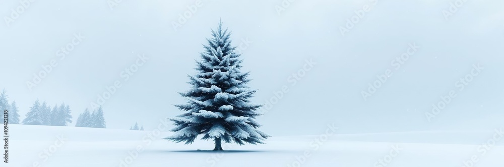 Fototapeta premium Snow-covered Christmas tree standing in a serene snowy landscape, serene landscape, frozen lake