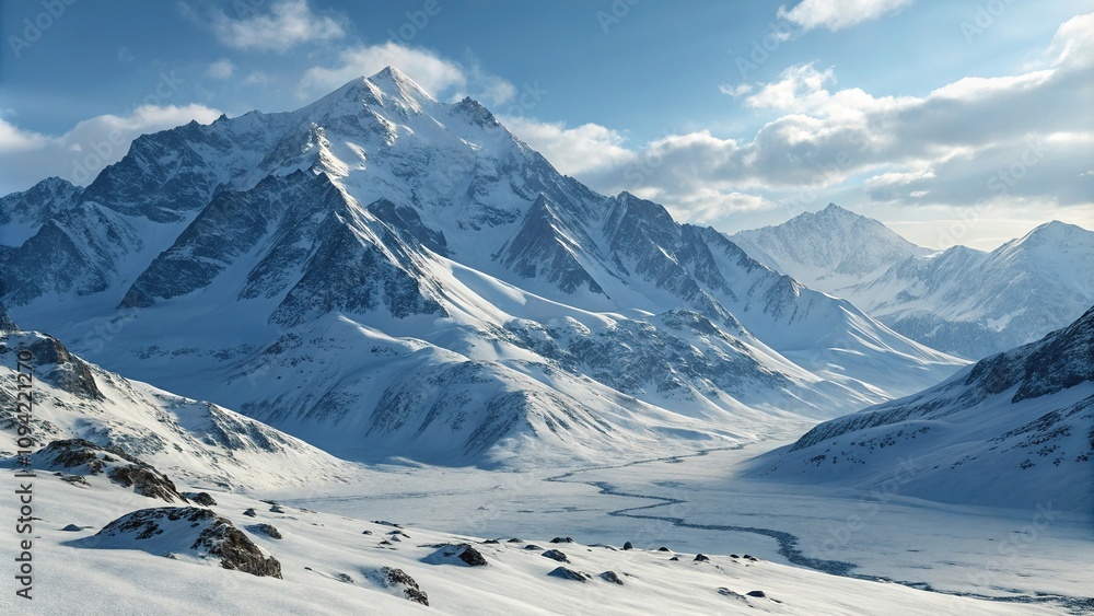 Naklejka premium Snow-covered mountains meet the sky, serene lake, peaceful valley, snowfall, snowy terrain, frozen landscape