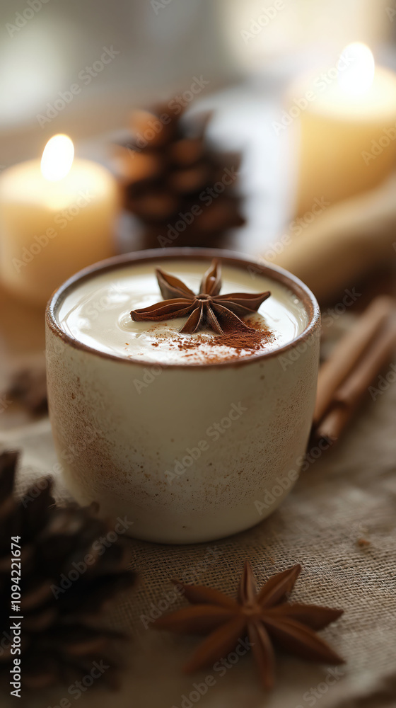 Cozy winter mug with star anise and cinnamon by candlelight Cozy winter mug with star anise and cinnamon by candlelight