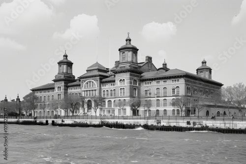 Historical Black and White Photograph of Ellis Island Immigration Station with Architectural Details and Scenic Waterfront View photo