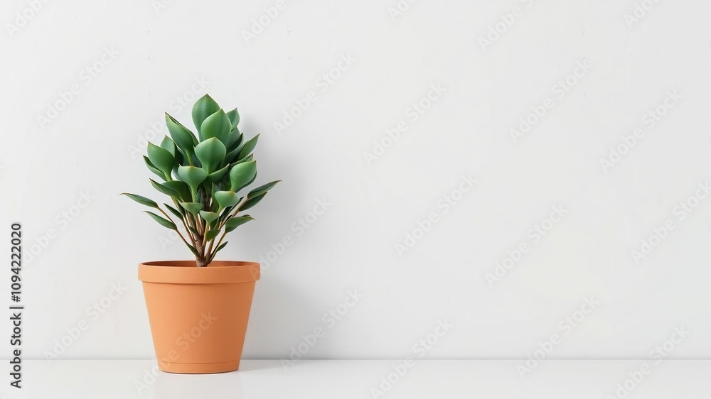 Fototapeta premium Soft gray wall features a medium-sized potted succulent, natural elements, succulents, modern interior design