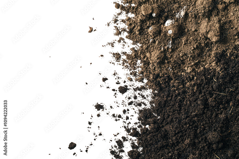 Detailed textured top view of a scattered pile of soil on white. Detailed textured top view of a scattered pile of soil on white.