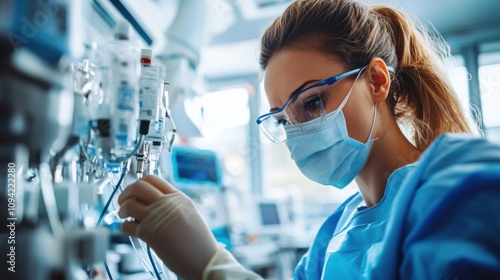 Anesthesiologist preparing a patient for surgery, adjusting equipment in a brightly lit operating room