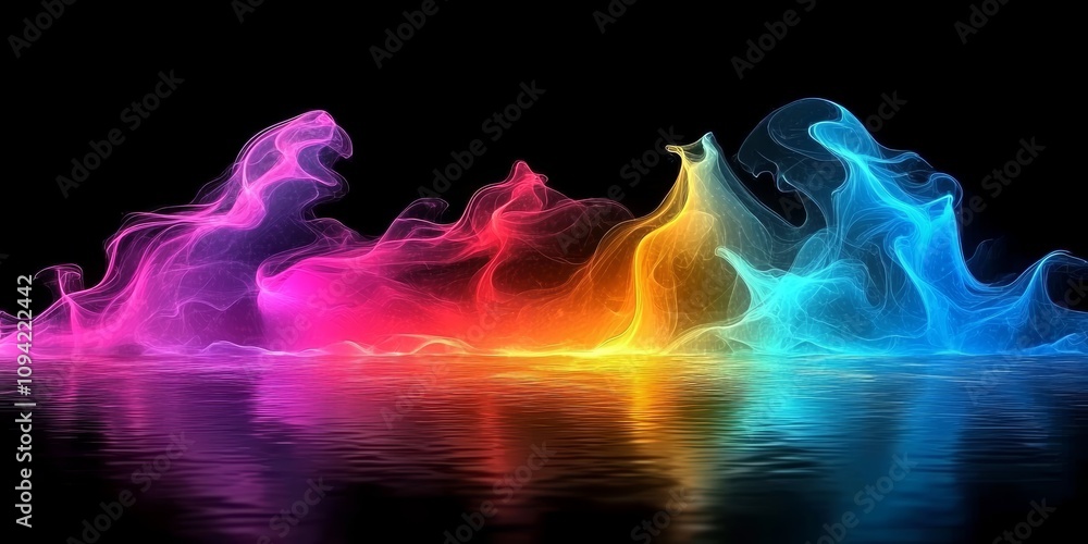 Fototapeta premium Vibrant Neon Light Swirls in Water Reflection on Black Background