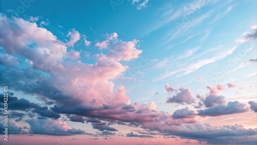 Soft pinks and blues hues blending together in the clouds creating an ombre effect that captures the essence of nature, blue, clouds, ombre, soft focus