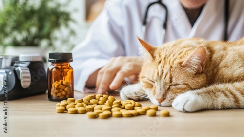 Chinese herbal medicine applied to pet care, with a veterinarian using safe, natural remedies for common pet ailments in a cozy clinic photo