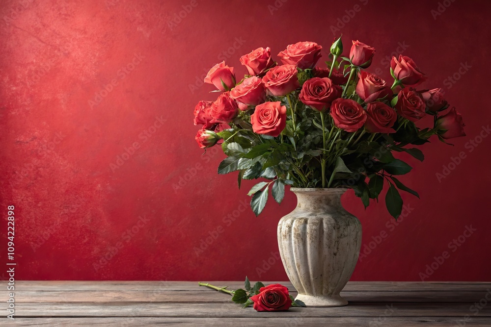 custom made wallpaper toronto digitalSoftly lit bouquet of roses in a vase against a natural red background, flowers wall, rose bouquet, still life, vase decor, natural red roses