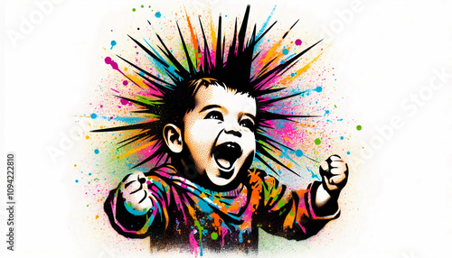 Joyful baby with vibrant punk hairstyle, surrounded by colorful paint splashes, expressing excitement and creativity
