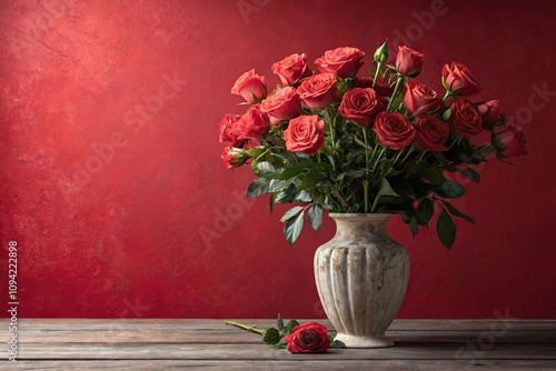 Wallpaper Mural Softly lit bouquet of roses in a vase against a natural red background, flowers wall, rose bouquet, still life, vase decor, natural red roses Torontodigital.ca