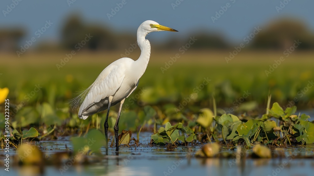 Serene Heron in Pastel Waters - Graceful Bird Standing in Soft Blue and Green Surroundings