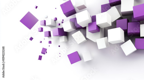 Floating white and purple cubes and boxes against a white backdrop. A simple 3D image.