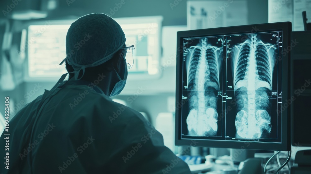 Emergency medicine professional reviewing X-rays on a digital monitor while consulting with the healthcare team Emergency medicine professional reviewing X-rays on a digital monitor while consulting with the healthcare team