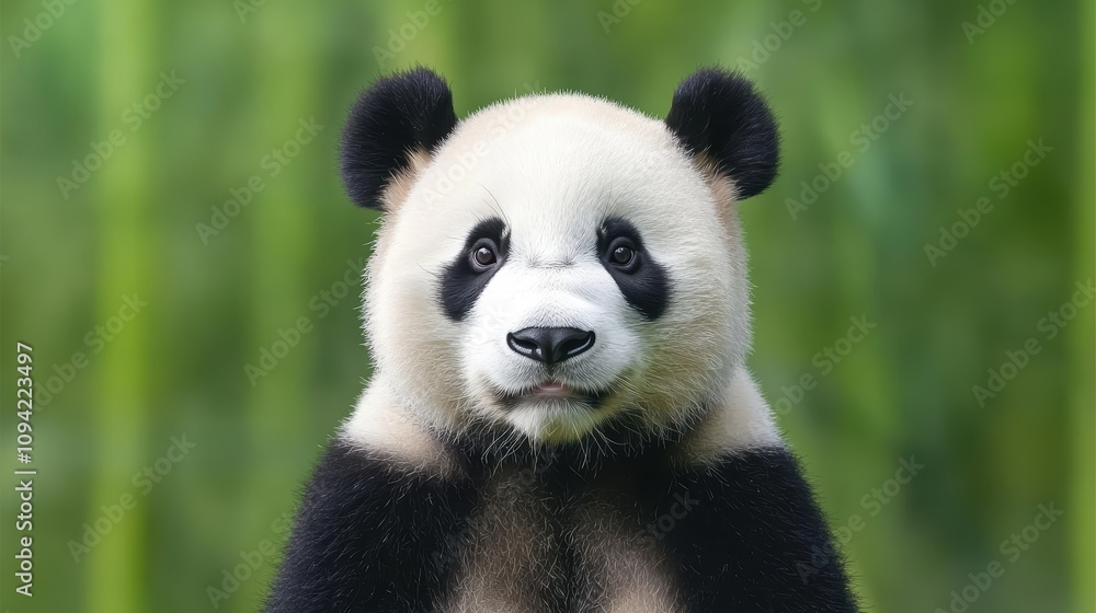 Fototapeta premium Peaceful Panda in Tranquil Bamboo Grove with Soft Light Beams - Serene Wildlife Scene in Green Environment