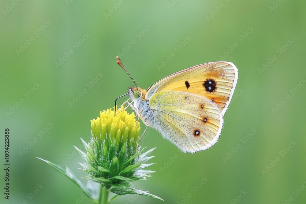 Yellow and White Butterfly Perched on Green Spiky Flower in Vibrant Green Meadow Yellow and White Butterfly Perched on Green Spiky Flower in Vibrant Green Meadow