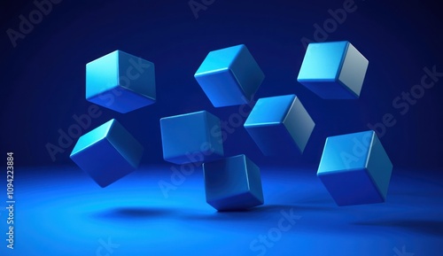 Abstract blue cubes floating in dark blue background.