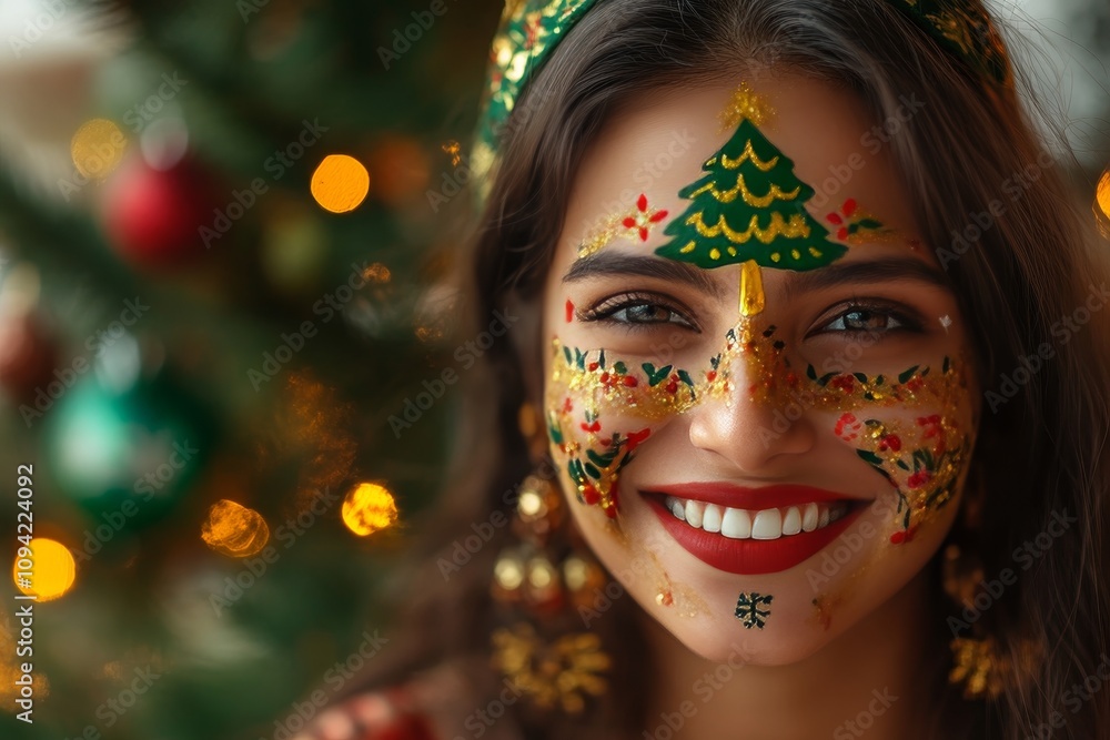 Joyful indian woman celebrating christmas with festive face art of a golden and green tree Joyful indian woman celebrating christmas with festive face art of a golden and green tree
