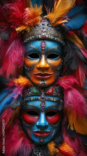 Close-up details highlight the vibrant colors and intricate designs of Belgian festival masks