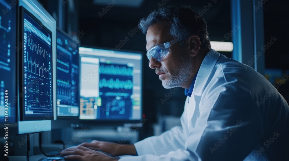 Medical equipment technician at work, using advanced diagnostic software to monitor and repair hospital equipment Medical equipment technician at work, using advanced diagnostic software to monitor and repair hospital equipment
