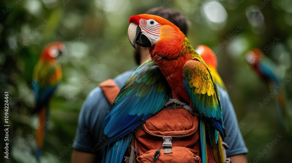 Obraz premium outdoor activities, kayaking. Birdwatcher observing colorful parrots in a tropical forest, blending patience and nature, wildlife outdoors, focused exploration