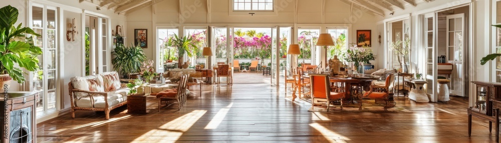 Bright and airy interior with plants and furniture, designed for relaxation and socializing. Bright and airy interior with plants and furniture, designed for relaxation and socializing.