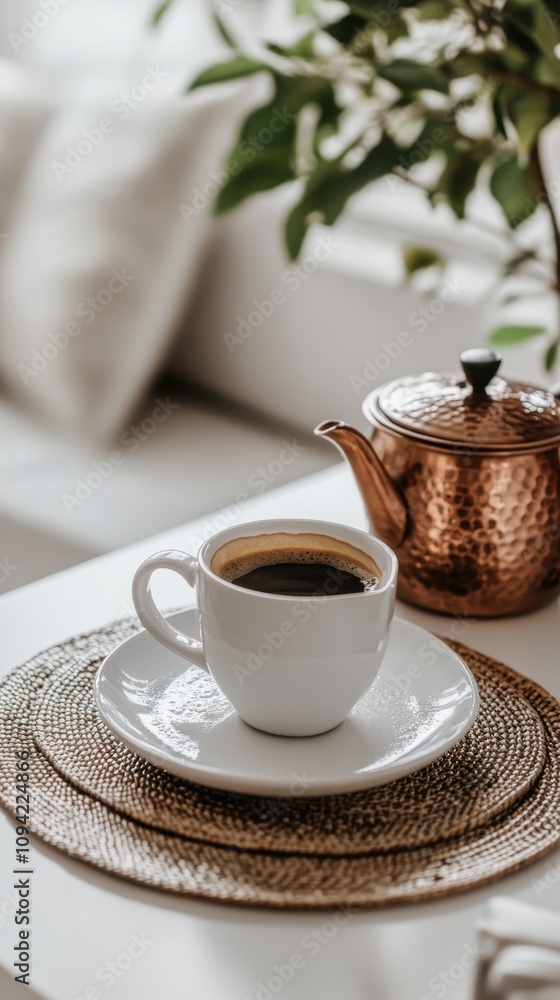 Freshly prepared Bosnian coffee is elegantly displayed on a white table with copper accents Freshly prepared Bosnian coffee is elegantly displayed on a white table with copper accents