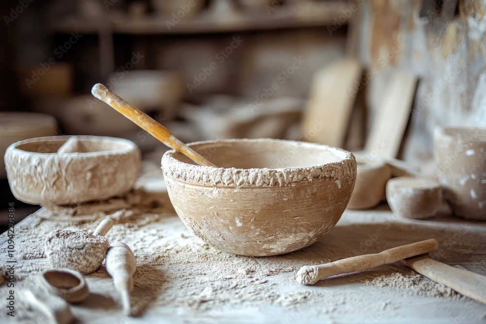 Clay bowl with wooden spoon, covered in flour. Shows artisan pottery process, ideal for baking, cooking, or craft themes. Clay bowl with wooden spoon, covered in flour. Shows artisan pottery process, ideal for baking, cooking, or craft themes.