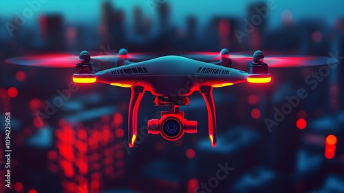 Drone Flying Over Night Cityscape