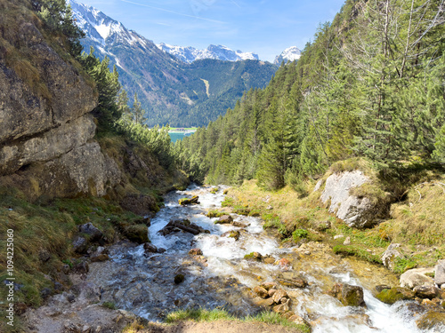 dalfazer waterfall during Spring time with deep blue background sky photo