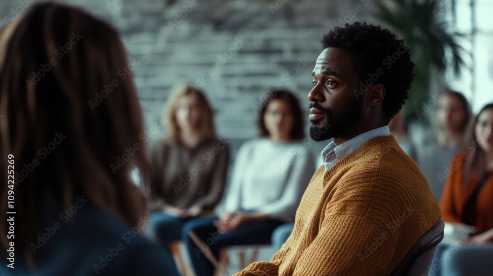 Obraz premium Social work support scene with a professional addressing a group, offering guidance and encouragement