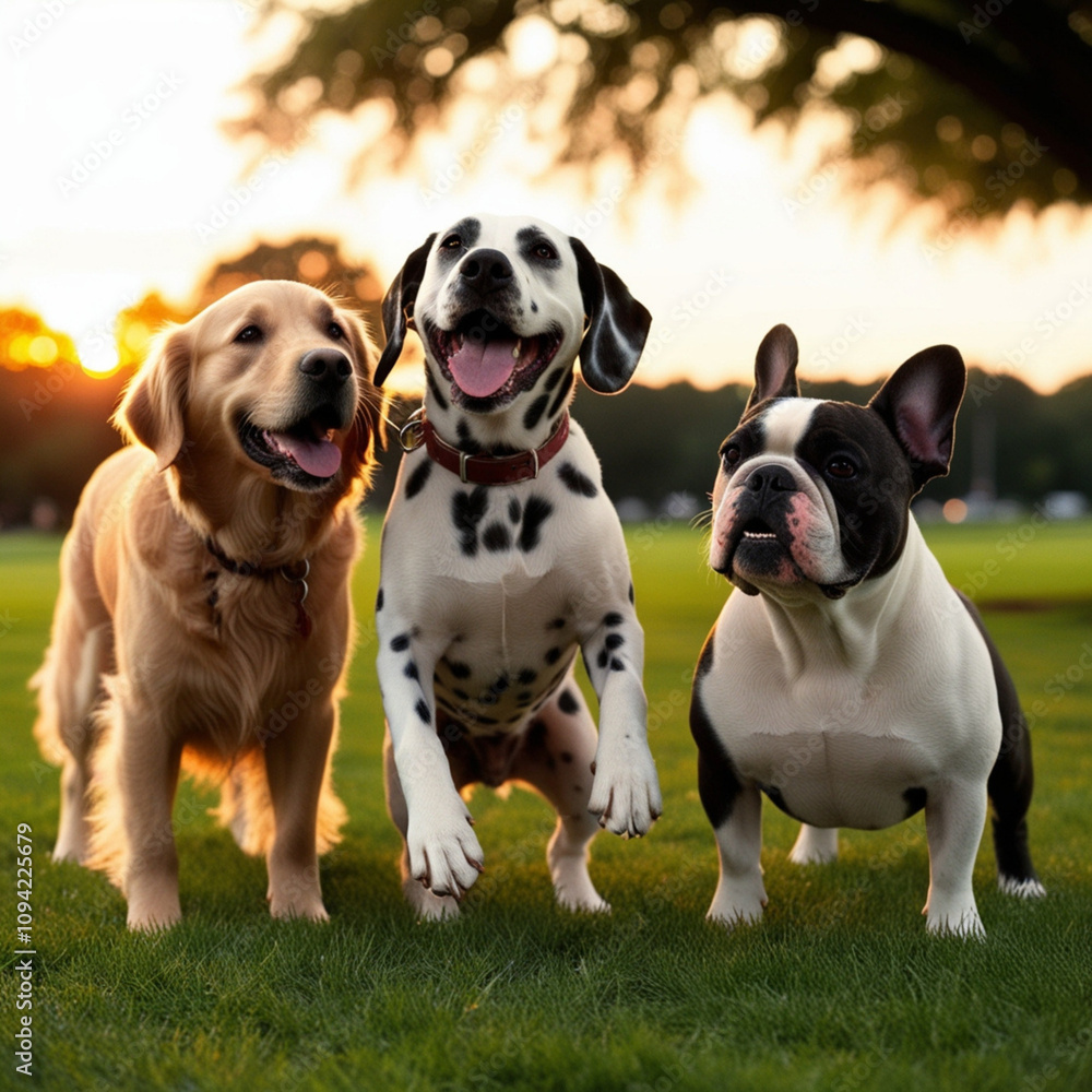 Obraz premium Golden Retriever, Dalmatian, and Bulldog in a Sunset Chase