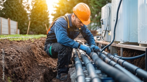 Technician working on a geothermal HVAC system, connecting pipes and monitoring energy transfer in an outdoor setting