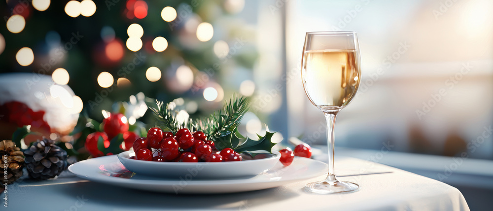 A festive table setting with a glass of white wine and a plate of red berries, adorned by Christmas lights in the background. A festive table setting with a glass of white wine and a plate of red berries, adorned by Christmas lights in the background.