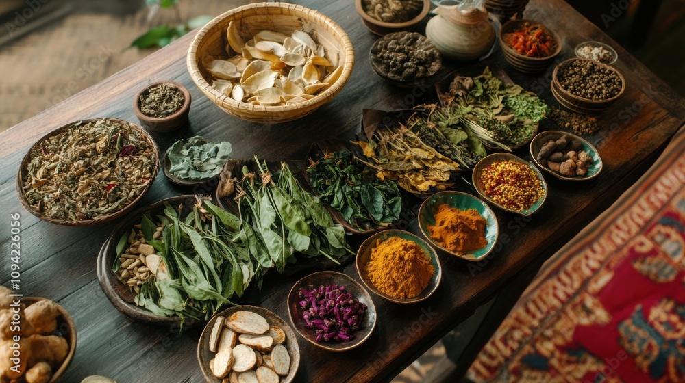 Fototapeta premium Thai medicinal herbs displayed in colorful assortments, highlighting their use in ancient healing traditions