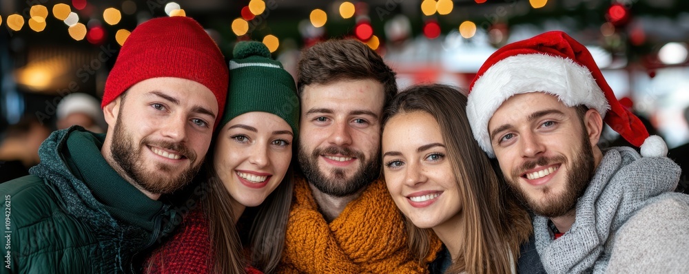A cheerful group of friends celebrating the festive season, wearing winter hats and scarves, surrounded by colorful holiday lights. A cheerful group of friends celebrating the festive season, wearing winter hats and scarves, surrounded by colorful holiday lights.