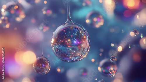 Glass spheres reflecting vibrant galaxies, suspended in a void