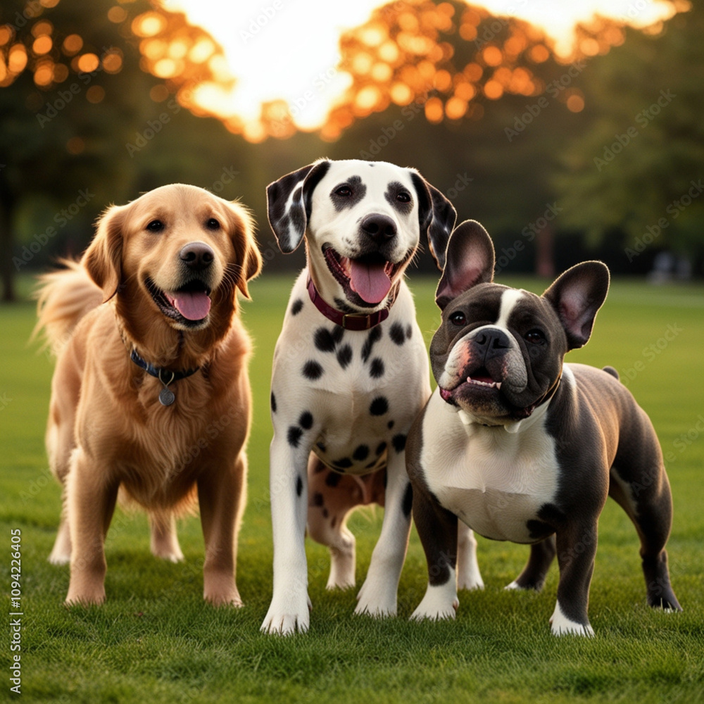 Golden Retriever, Dalmatian, and Bulldog in a Sunset Chase Golden Retriever, Dalmatian, and Bulldog in a Sunset Chase