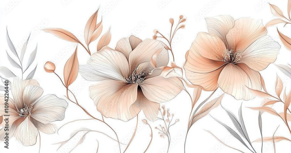 Beige and Brown Leaves and Flowers on White Background Watercolor Painting Beige and Brown Leaves and Flowers on White Background Watercolor Painting