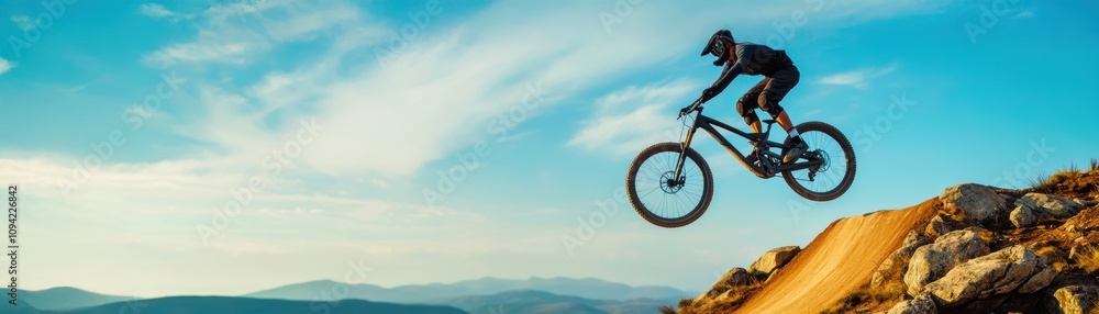 outdoor activities, mountain biking. A daring mountain biker mid-air over a rocky trail jump, capturing the height of adrenaline outdoor activities, mountain biking. A daring mountain biker mid-air over a rocky trail jump, capturing the height of adrenaline