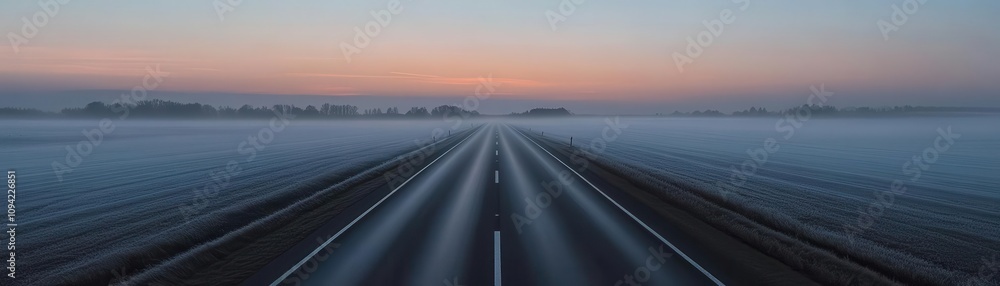 Empty highway stretching into a misty horizon at dawn, creating a sense of anticipation and mystery, Misty Highway, Morning Journey Empty highway stretching into a misty horizon at dawn, creating a sense of anticipation and mystery, Misty Highway, Morning Journey