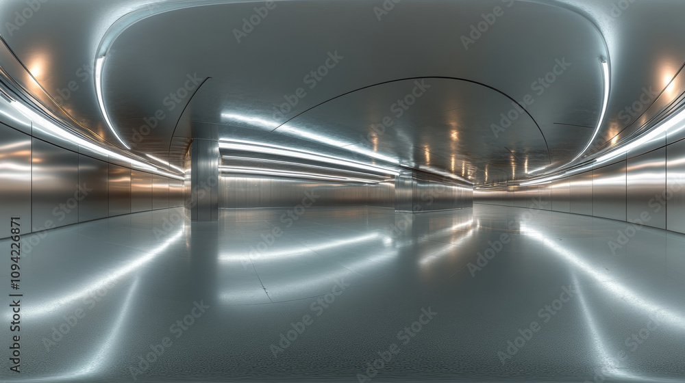 360 degree panorama view.A 3D image shows a bright, empty room. The walls are metallic, and the lighting is cool. It's a panoramic view, perfect for virtual reality. 360 degree panorama view.A 3D image shows a bright, empty room. The walls are metallic, and the lighting is cool. It's a panoramic view, perfect for virtual reality.