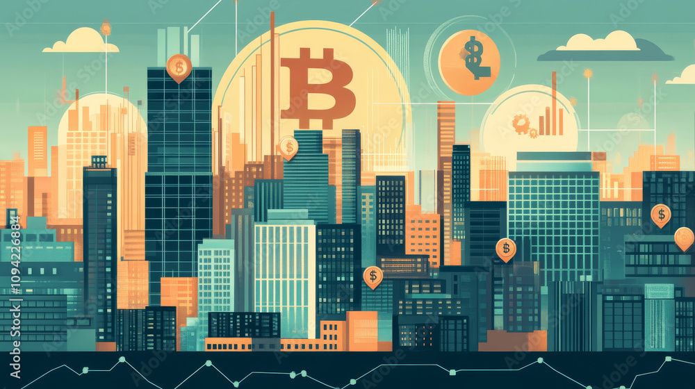 City buildings and a graph showing financial data, including cryptocurrency, blockchain, and GDP. It illustrates investment and business in the stock market. City buildings and a graph showing financial data, including cryptocurrency, blockchain, and GDP. It illustrates investment and business in the stock market.