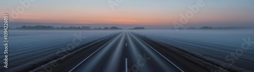 Empty highway stretching into a misty horizon at dawn, creating a sense of anticipation and mystery, Misty Highway, Morning Journey