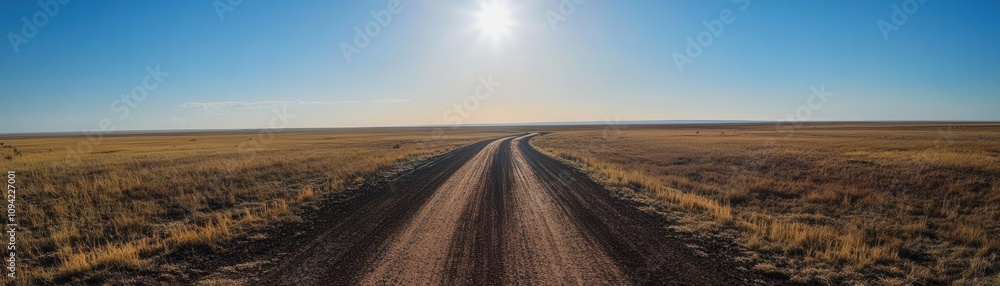 Naklejka premium Endless dirt road in a vast savanna under a blazing sun, representing the harsh beauty of remote exploration, Savanna Road, Wild Exploration