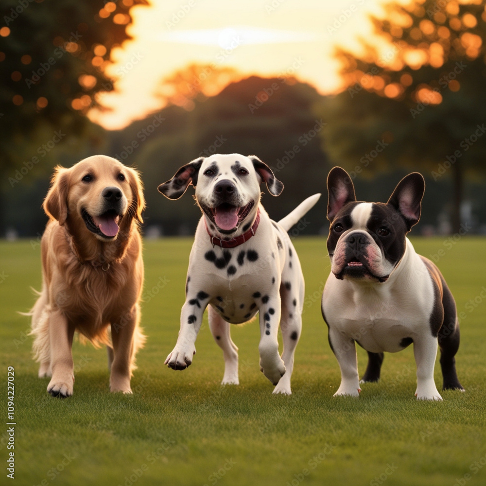 Golden Retriever, Dalmatian, and Bulldog in a Sunset Chase Golden Retriever, Dalmatian, and Bulldog in a Sunset Chase