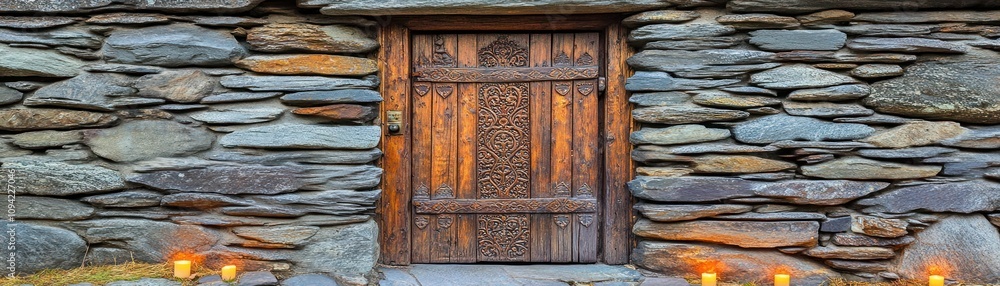 A rustic wooden door set in a stone wall, illuminated by candles, suggesting a cozy entrance. A rustic wooden door set in a stone wall, illuminated by candles, suggesting a cozy entrance.