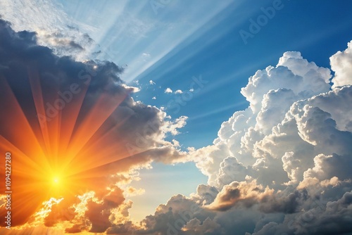 Vibrant orange and yellow sun rays peeking through puffy white clouds against a clear blue sky, colorfulclouds, radiantlight, brightblue, yellowsun, cloudstreaks photo