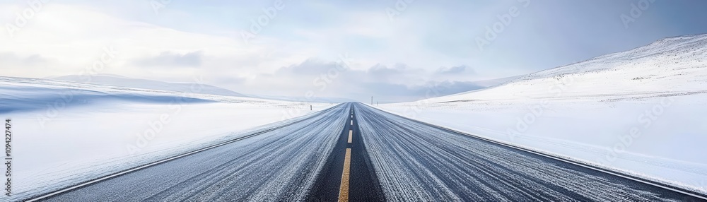 Fototapeta premium Endless highway through a snow-covered landscape, evoking the solitude and beauty of a winter journey, Winter Highway, Icy Exploration