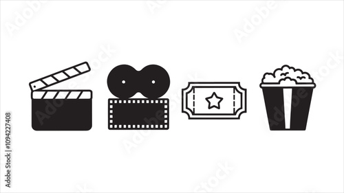 Cinema icons set in flat style, movie industry objects