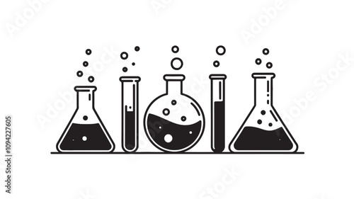 set of laboratory filled with liquid. chemistry flasks